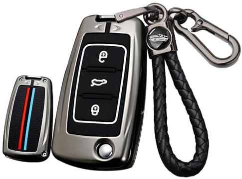 ontto Klappschlüssel Autoschlüssel Hülle Passt für VW Beetle Tiguan Polo Golf Passat für Skoda Octavia Kodiaq Seat Leon Altea Schlüsselhülle Metall Schlüsselbox Schlüsselanhänger 3 Taste-A Schwarz