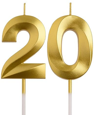 AOOLADA 20th Birthday Candles, Gold 20 Year Old Number Birthday Candles, Number 20 Candles for Men Women, Happy Birthday Party Decorations Cake Topper Gifts for Wedding Anniversary Celebration
