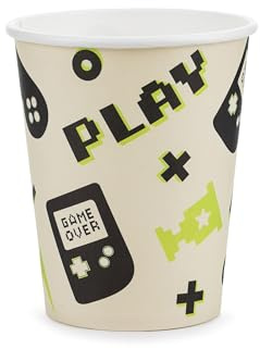 Pappmugg gaming engångs set om 6 220 ml – drickmugg engångsmugg kartong barnfödelsedag fest temafest – vit svart gul