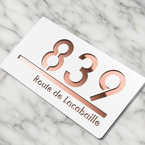 Personalisierbares Acryl-Hausnummer, lasergeschnitten, modernes 3D-Türschild, 27,9 cm, für den Außenbereich, Straße, Familienname, Spiegel, Acryl-Nummer (Weiß und Roségold)