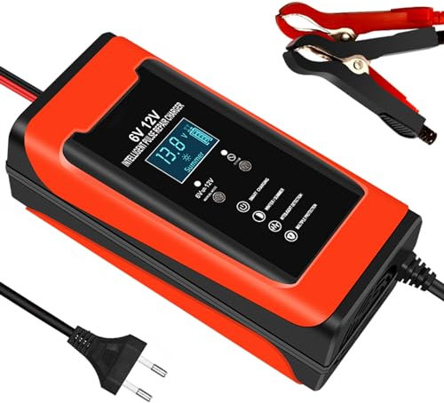 Shkalacar 6V 12V Autobatterie Ladegerät, Intelligentes Impulsreparaturladegerät mit LCD-Anzeige Mehrfachschutz/flammhemmendes Gehäuse, Batterieladegerät Nicht für Lithiumbatterien geeignet