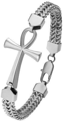 Flongo Armband Herren Ankh Kreuz: bracelet schwarz Gold Silber Franco Armkette Edelstahl königskette Double Row Woven Chain mit Egyptian Cross Amulett mens jewellery Armbänder für Damen Männer Jungen