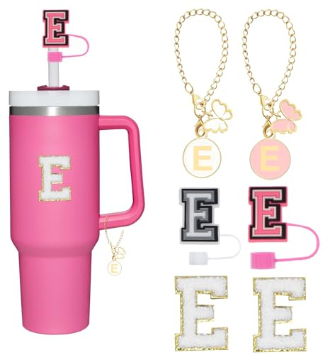 Reusable Straw Cover for Stanley Cup Accessories, 2Pcs Dustproof Straw Covers with Letter Charms and Personalized Name Stickers(E)