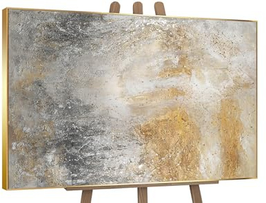 YS-Art Quadro con Cornice moderna Dipinto incorniciato a mano quadri da parete Oro e argento arte astratta moderna Pittura acrilica su tela 140x100 cm