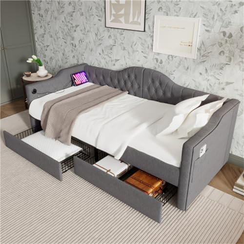 Vielseitiges Schlafsofa Mit USB-ladegerät Und Schublade Unter Dem Bett, Einzelbett Mit Getufteter Rückenlehne Und Armlehnen, Geeignet Für Schlafzimmer Und Gästezimmer(Size:90x200cm,Color:Grau)