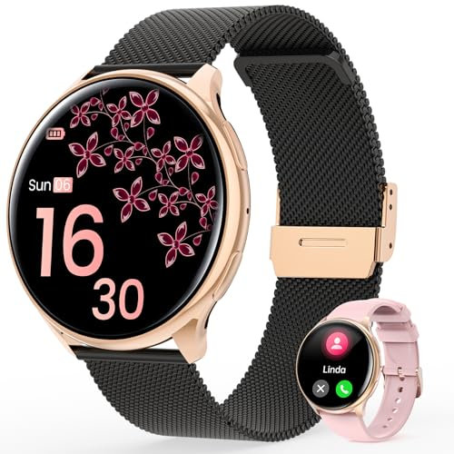 RifePhi 2024 Montre Connectée Femme avec Appel Bluetooth, écran HD 1,39'' HD Smartwatch, SpO2/Cycle Menstruel/IP68/Cardiofréquencemètre Tension/100+ Modes Sport iOS Android (Or Noir)