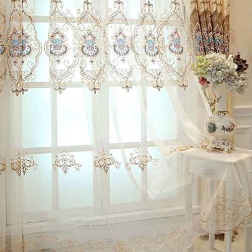 Vorhänge Weiß 2er Set mit Haken, Gardinen für Schienensystem Nordisch Stickerei mit Gelb Blumen Motiv 96x115CM Gardinenschals Baumwolle Halbtransparent für Wohnzimmer Schlafzimmer Küche
