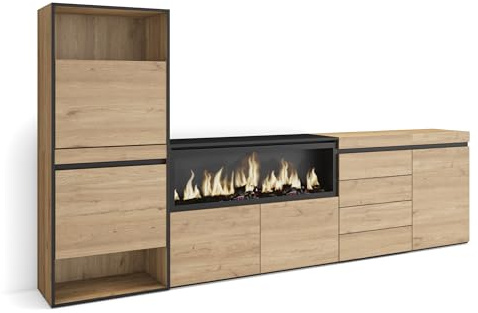 Skraut Home | Schuhregal, Schuhschrank | Schuhaufbewahrung | 274x145x35 cm | Für Schlafzimmer, Zimmer | Elektrokamin XXL | Kommode mit Schubladen | Moderner Stil | Eiche