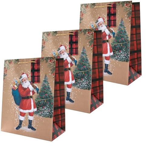 Hallmark Bolsas de regalo grandes, paquete de 3, Navidad, diseño tradicional de Papá Noel, vintage, tartán rojo, papel kraft marrón