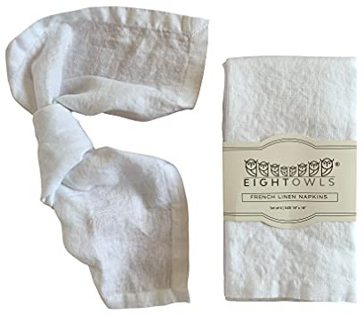 Eight Owls Linen Napkins – 100% Pure Stonewashed Linen Cloth Napkins – Mitered Corners - Size 45 cm x 45 cm – Set of 4 (Pure White)