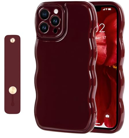 NITITOP Coque pour iPhone 14 Pro Mignonne Simple et Ondulée Bordeaux avec Dragonne Ajustable Poignée de Maintien en Main Femmme Fille Housse de Protection en Silicone Souple-Vine Rouge