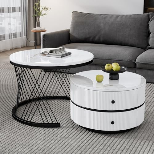 Merax Couchtisch-Set Rund, Beistelltisch Satztisch mit 2 Schublade, 2 teilig Wohnzimmertisch, Sofatische Kaffeetische Set, Hochglanz Marmoriert, Schwarz Metallgestell, für Empfangszimmer, Balkon, Büro
