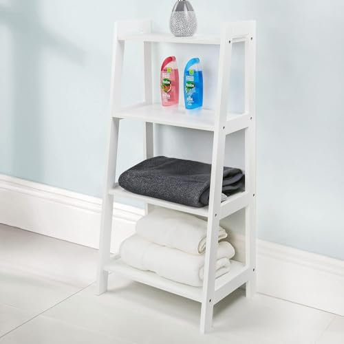 Top Home Solutions® 4 Tier Ladder Shelf – White Wooden Bathroom Storage Unit, Multipurpose Stylish & Functional Shelving Display Stand For Bedroom, Living Room and Bathroom H90cm x W43cm x D30cm