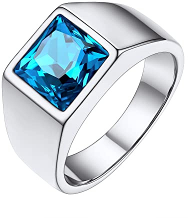 FindChic Edelstahl schwarz/blau Edelstein Siegel Ringe für Männer Herren Bandring 8MM 15MM Square Cut Zirkonia Fingerring personalisierte Geburtsstein Ring Größe 54-72 + Geschenk-Box