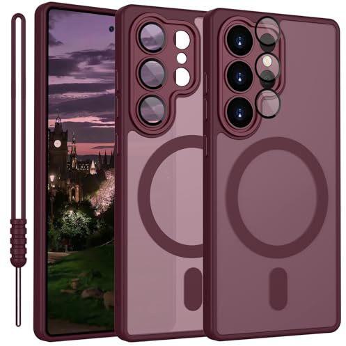 YUANDMI für Samsung Galaxy S25 Ultra Hülle kompatibel mit MagSafe, Handyhülle für Samsung Galaxy S25 Ultra Magnetisch Matte Touch Kameraschutz, rutschfest Kratzfest Schutz Stoßfest Hülle Dunkel Rot
