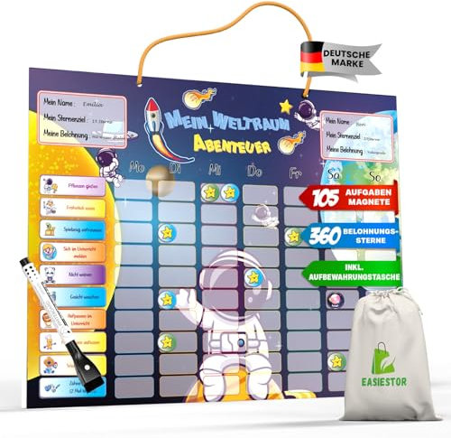 Easiestor® Belohnungstafel für Kinder - 105 AUFGABEN + 360 Magnete - Montessori Routine Planer ab 3 4 5 6 7 8 Jahre - Magnettafel, Wochenplaner - ADHS Hilfsmittel - Magnetisches Belohnungssystem