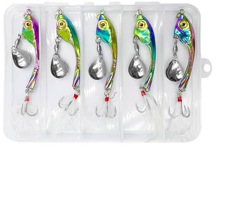 5 Stück Jig Spinner Set, Angelköder Set 15g, Hecht Köder Blinker Angeln, Forellenköder, Angelzubehör mit Drillinge Haken, Bleikopfspinner für Barsch Zander Döbel Wobbler