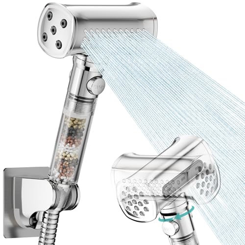 MIAOHUI Hochdruck Duschkopf mit Filter, 4 Strahlarten und Pausenfunktion, Duschfilter Gegen Kalk Und Chlor, Wassersparend Duschkopf Kalkfilter mit 1,5 m Schlauch und selbstklebender Halterung (Chrom)