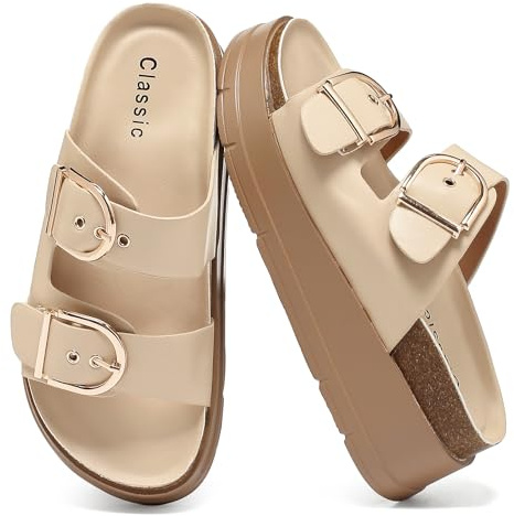 Otoepazm Sandales Plateforme Femme Bride Réglable Boucle, Semelles Épaisses Mules Semelle Liège, Chaussures Plage Plateau, Sandales d'Été Légères Maison, Chaussons Confortables Antidérapants