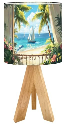 OEPWQIWEPZ Tripod Bedside Desk Table Lamp Tropical Beach Palm Tree Balcony Window Seascape Landscape Sailboat Wood Nightstand Lamp with Linen Fabric Shade for Nursery Bedroom Living Room Kids Room