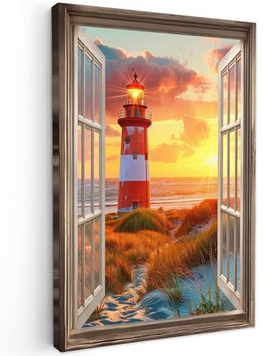 MuchoWow© Cuadros Decoracion Salon Modernos Dormitorios Cuadro Decorativos | 80x120 cm - de Lienzos Decorativo Decoración Cabecero Cama Perspectiva - Ventana - Faro - Atardecer