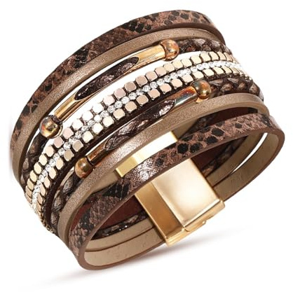 COKSDUPID Leopard & Snake Print Leather Wrap Bracelet – 7-Layer Boho Bangle with Rhinestone –Tribal Stackable Bracelet for Women (Boho Tribal)