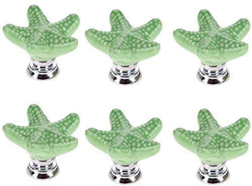Lot de 6 poignées de porte vintage en céramique en forme d'étoile de mer, 34 mm, pour armoire, tiroir, placard, cuisine, volets de salle de bain (vert)
