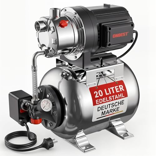 ONBEST Hauswasserwerk 1300 W 50 m Förderhöhe 20 L Kessel | Edelstahldruckkessel, 230 V-Anschluss, wartungsfreier Motor, Pumpe für Garten und Haushalt