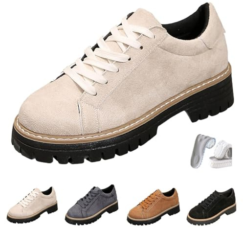 Mocasines casuales con plataforma y puntera redonda para mujer, con cordones, cómodos mocasines ortopédicos de tacón grueso, zapatos vintage británicos de gamuza para caminar, beige, 44 EU