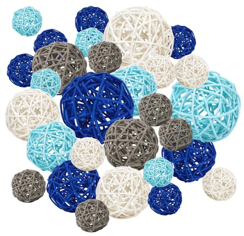 SANNIX 40Pcs Wicker Rattan Balls, 3 Sizes Decorative Balls for Vase Filler Bowl Centerpiece Blue Gray White Orbs Decor Table Home Decorations Party Ornaments Winter Tree Decor