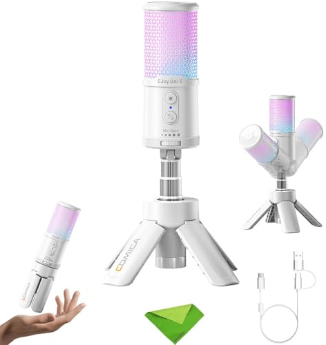COMICA Ejoy UNI S Microfono da gioco per PC, PS5 e smartphone, microfono a condensatore cardioide RGB con supporto per treppiede, 48kHz/24bit, cancellazione del rumore, microfono bianco per streaming