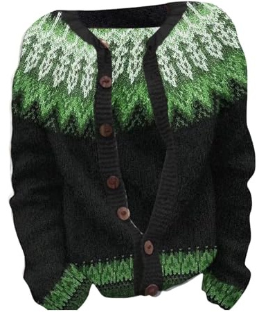 Women's Cardigan with Norwegian Pattern, Buttoned Cardigan in Scandinavian Style, Rustic Fair Isle Cardigan with Colour Gradient, Style_r02 Green, XL