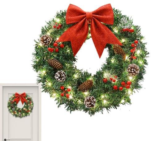 Weihnachtskranz mit - Weihnachtskranz für Eingangstür, Weihnachtskränze für Tür, zur Dekoration von Haus, Innenfenster, Wand, Garten, Hof, Wohnzimmer, Büro, Party