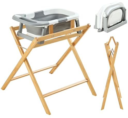 FUNLIO Babybadewanne mit Ständer, klappbare Babybadewanne & zusammenklappbarer Holzständer für 0–24 Monate, sichere 8-Punkt-Abstützung, wasserdicht, Belastbarkeit 110 lbs – rückenschonend