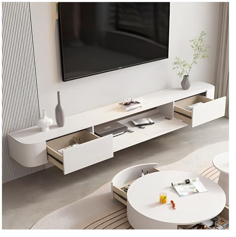 Mobile TV sospeso moderno da parete, 180 cm, elegante centro intrattenimento con cassetti, console multimediale per soggiorno e camera da letto, ripiani bianchi, design salvaspazio