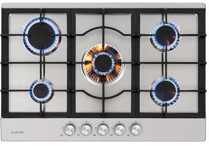 Klarstein Gas Cooker, 5 Burners Gas Hob, 11100W Built In Five Ring Electric Hob, Campervan Cooktops Cookers, Stainless Steel Glass Top Wok Burner, 5 Ring Kitchen Stoves LPG Cooker Burners Unit
