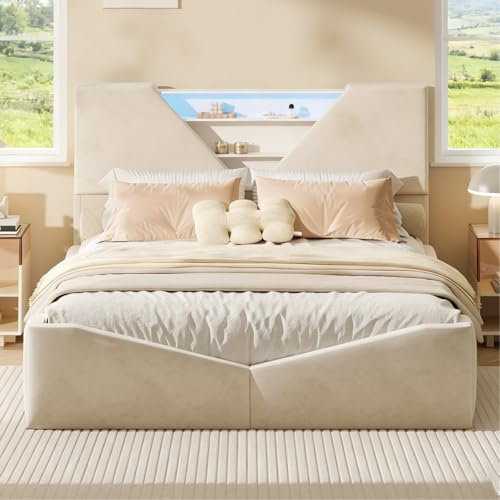 BRILVERDE Polsterbett 160x200 mit Stauraum, Unterbett-Stauraum, Doppelbett mit LED, Jugendbett mit Kopfteil, Bettgestell mit Lattenrost, für Erwachsene, Samt (Beige, 160 x 200 cm)