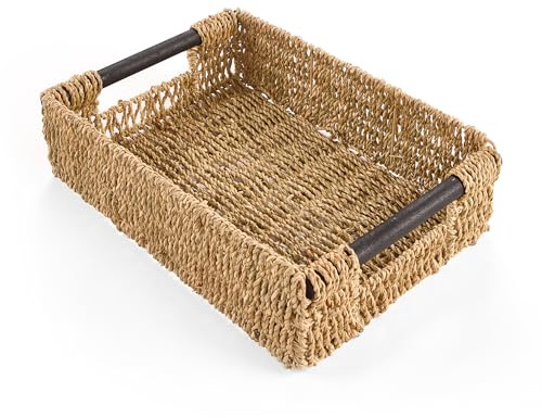 Gatarn Seagrass Storage Baskets | Rectangular Handwoven Wicker Style Baskets with Wooden Handles | Nesting Shelf Storage Hamper Organiser for Bathroom, Bedroom, Kitchen & Home Office (Extra Large)