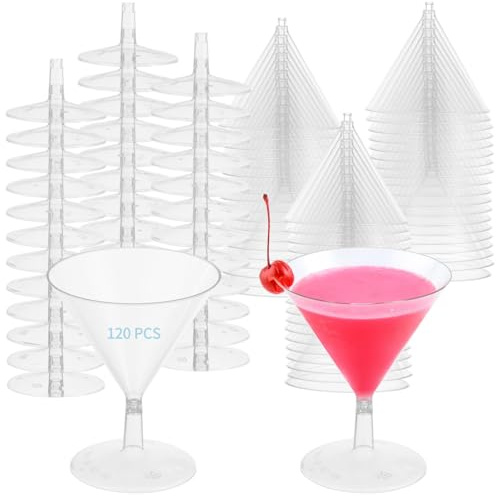 120 PCS Mini Clear Plastic Martini Glasses, 2 oz Disposable Cocktail Glasses, Mini Dessert Cups, Single Use Champagne Glass, Easy-to-Assemble Clear Glasses for Pool Parties, Birthdays, Weddings