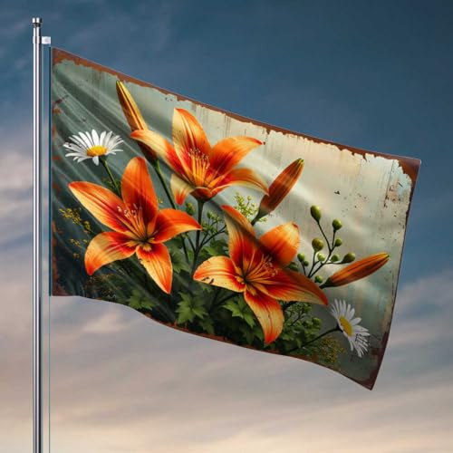 Drapeau de porche lys orange vif et marguerites blanches dans un drapeau de jardin rustique, drapeaux amusants pour dortoir universitaire (152 x 244 cm)