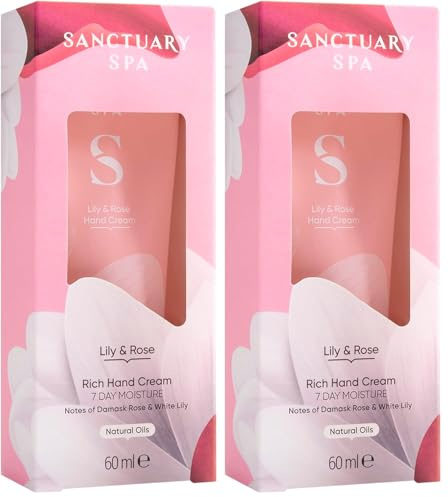 Sanctuary Spa Lily & Rose Rich Hand Cream, Moisturiser, Body Cream, Vegan and Cruelty Free 60ml (Pack of 2)