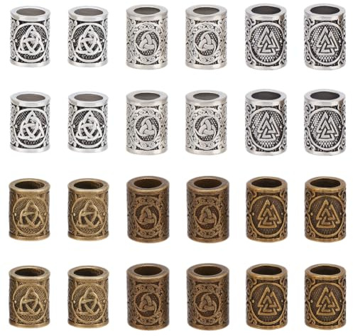 CRAFTYMELODY 24Pcs Norse Viking Vintage Symbol Beads 6 Styles Hair Beard Pendants Antique Silver Bronze Norse Rings Metal Clips for Jewelry Making DIY Necklace Bracelet Keychains Hair Decoration