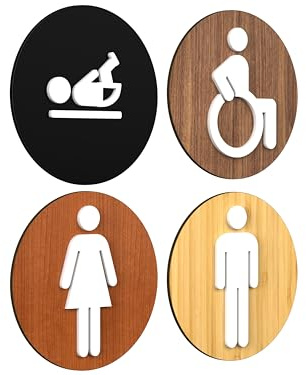 Signs - Classic, Set 4X- Geprägte Toiletten Schild Türen - Türschild WC Damen Herren Behinderten Wickeltisch - Schild Mann Frau Wickelraum Türschild (Runde)