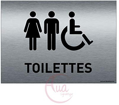 AUA SIGNALETIQUE - Plaque de porte Aluminium brossé imprimé AluSign - 210x150 mm - Double Face adhésif au dos (Toilettes mixtes)