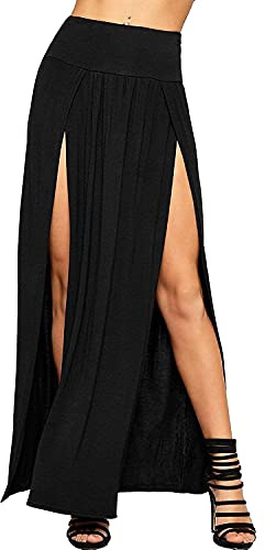 Crazy Girls Womens Long Double Split High Waist Ladies Plain Jersey Stretch Two Side Slit Maxi Skirt (12-14, Black)