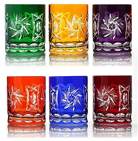 Whiskyglas Whiskybecher farbiges 6er Set handgeschliffen Kristallglas Schleuderstern 280ml