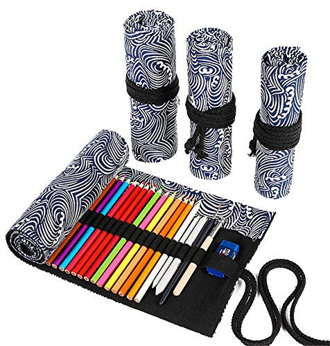 VIONNPPT Leinwand Roll-Up Bleistift Fall Große Kapazität Stift Beutel Halter Farbe Bleistifte Wrap Schreibwaren Fall Veranstalter für Student künstler Reisenden Geschenke (Blau Meer, 72 Holes)