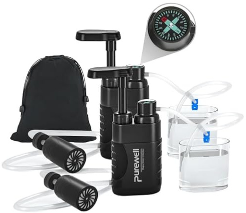 Purewell Wasserfilter Outdoor Survival Tragbar mit Pumpe | Camping Wandern Trekking, 0.01 Mikron Filter, Notfall Trinkwasseraufbereitung, Prepper Ausrüstung, Wasserfiltrationssystem