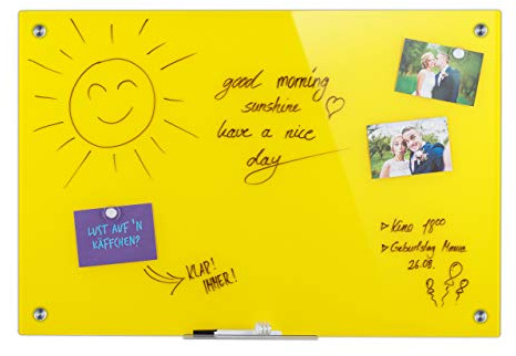Relaxdays Glas Magnettafel, beschreibbar, mit Stiftehalter, kratzfestes Sicherheitsglas, Glasmagnetwand 60x90 cm, gelb