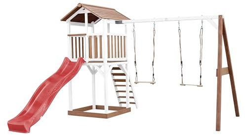 AXI Beach Tower Spielturm aus Holz in Braun & Weiß | Spielhaus für Kinder mit roter Rutsche, Doppelschaukel und Sandkasten | Stelzenhaus für den Garten